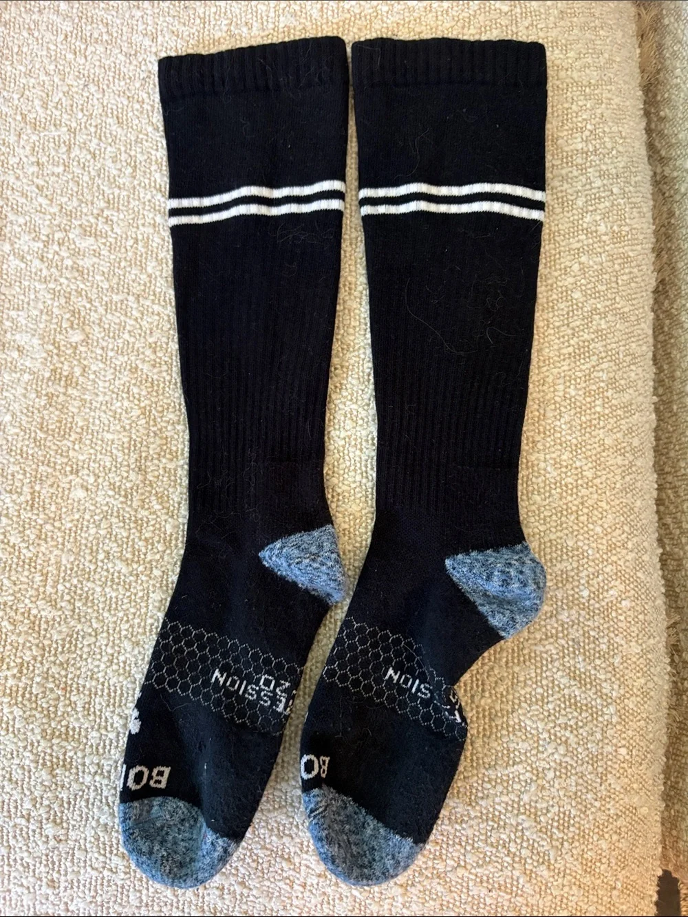 Bombas Black Knee-High Athletic Socks with White Stripes
